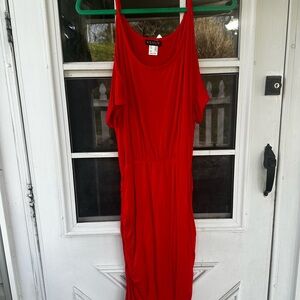 VENUS Vibrant Red Cold-Shoulder Midi Dress
